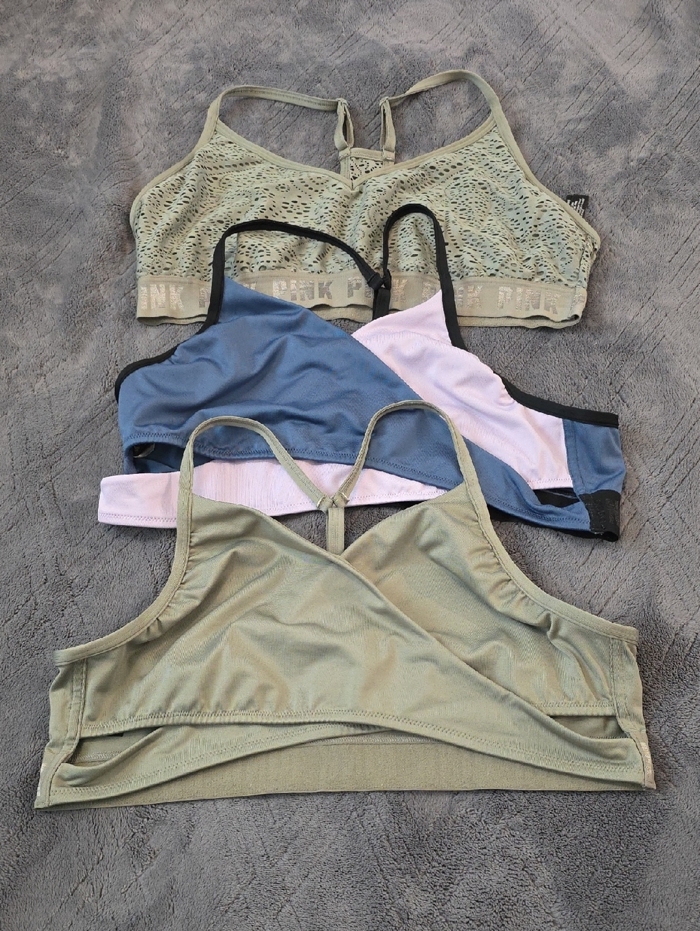 PINK Victoria's Secret Bralette Trio — Olive & Blue with Light Purple